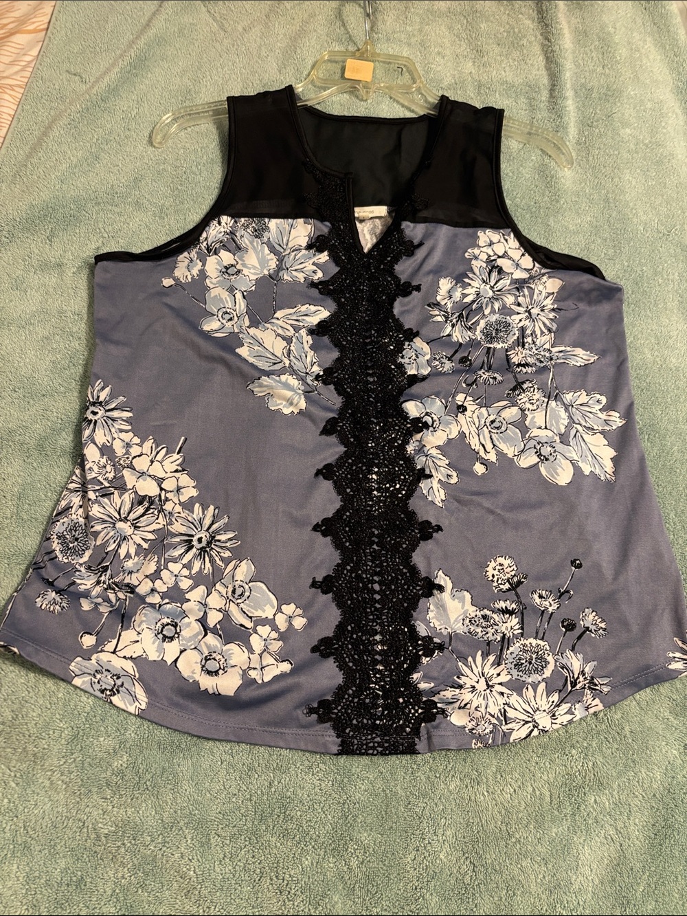 Maurices Blue Floral Sleeveless Top with Black Lace Trim